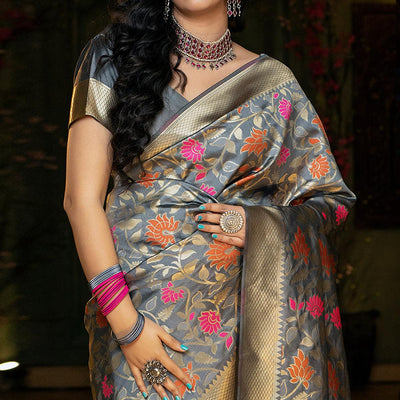 Groovy Grey Coloured Embroidered Partywear Banarasi Silk Saree