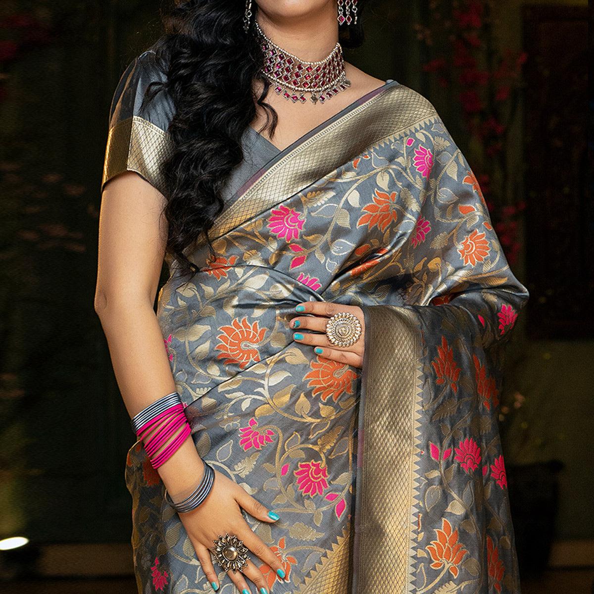 Groovy Grey Coloured Embroidered Partywear Banarasi Silk Saree