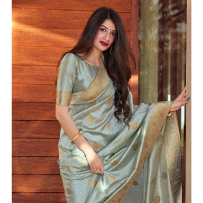 Groovy Grey Coloured Partywear Woven Silk Saree