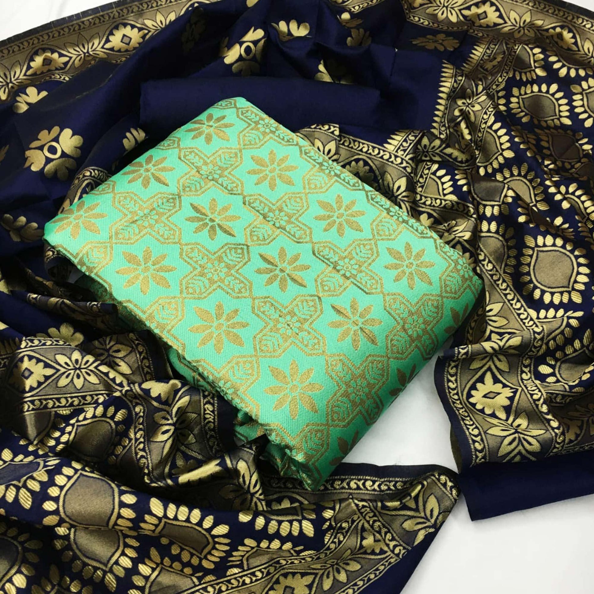 Groovy Light Green Colored Casual Wear Woven Banarasi Silk Dress Material