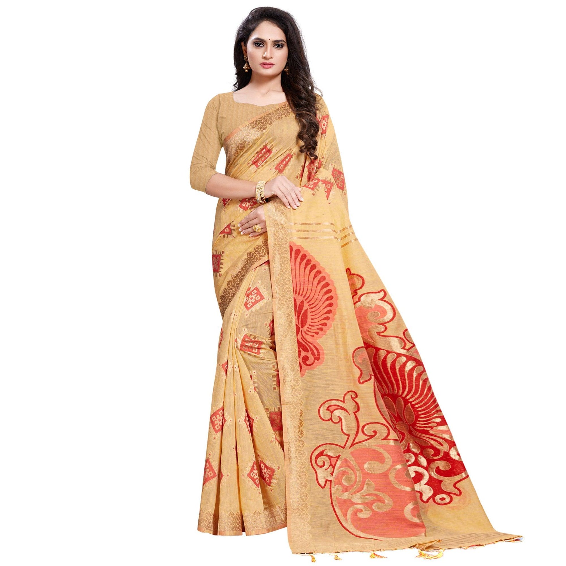 Groovy Light Orange Colored Festive Wear Woven Silk Blend Saree With Tassles