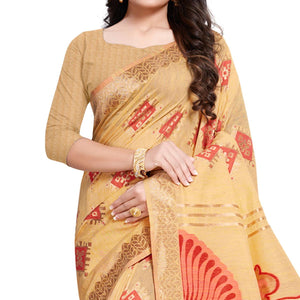 Groovy Light Orange Colored Festive Wear Woven Silk Blend Saree With Tassles