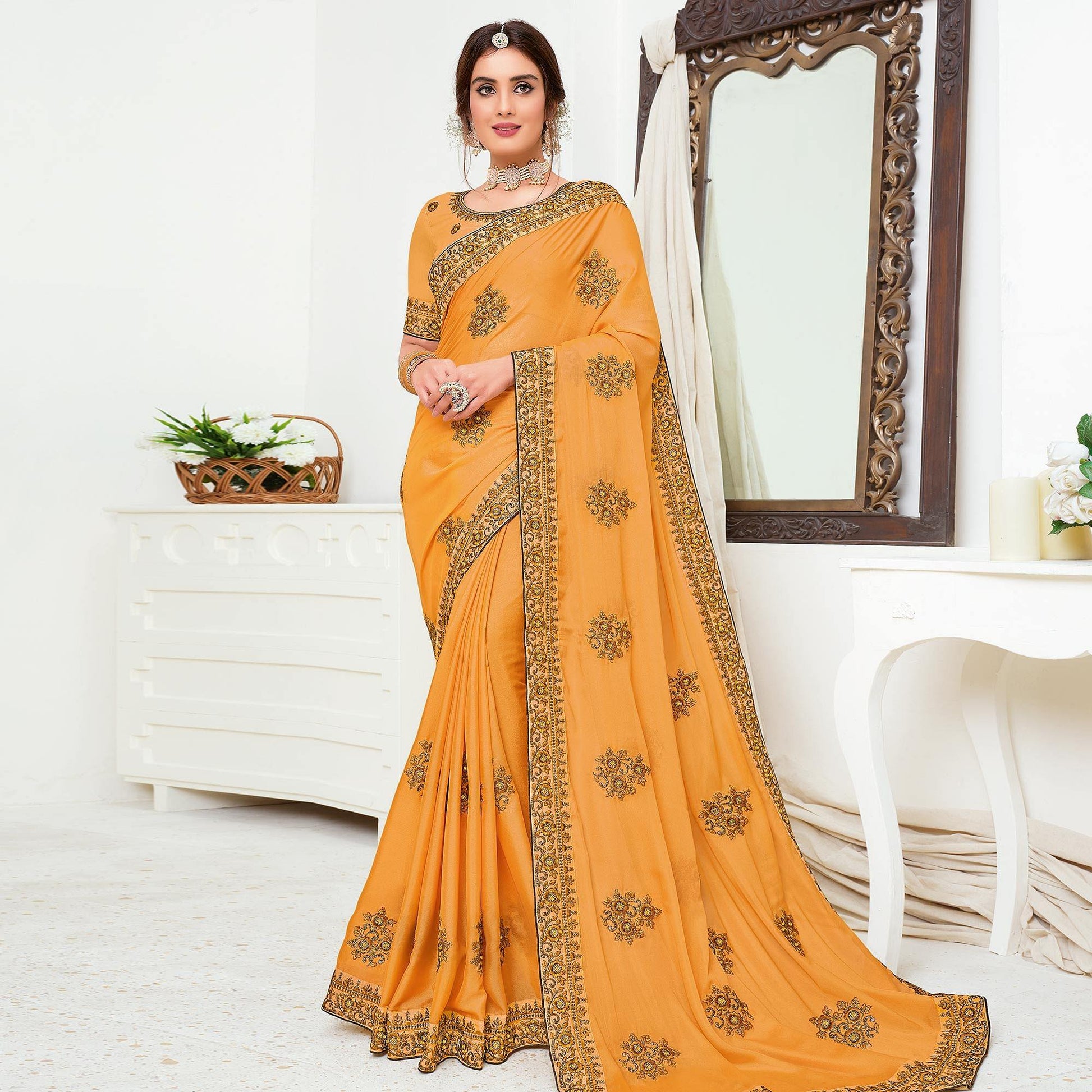 Groovy Mustard Yellow Colored Partywear Embroidered Crepe Georgette Saree