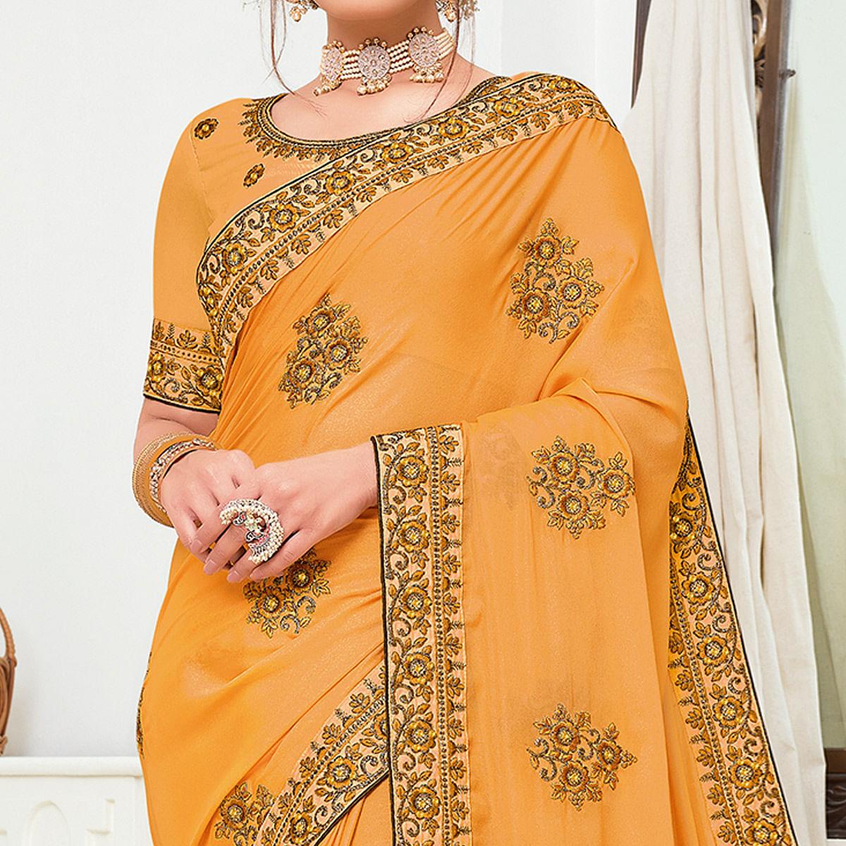 Groovy Mustard Yellow Colored Partywear Embroidered Crepe Georgette Saree