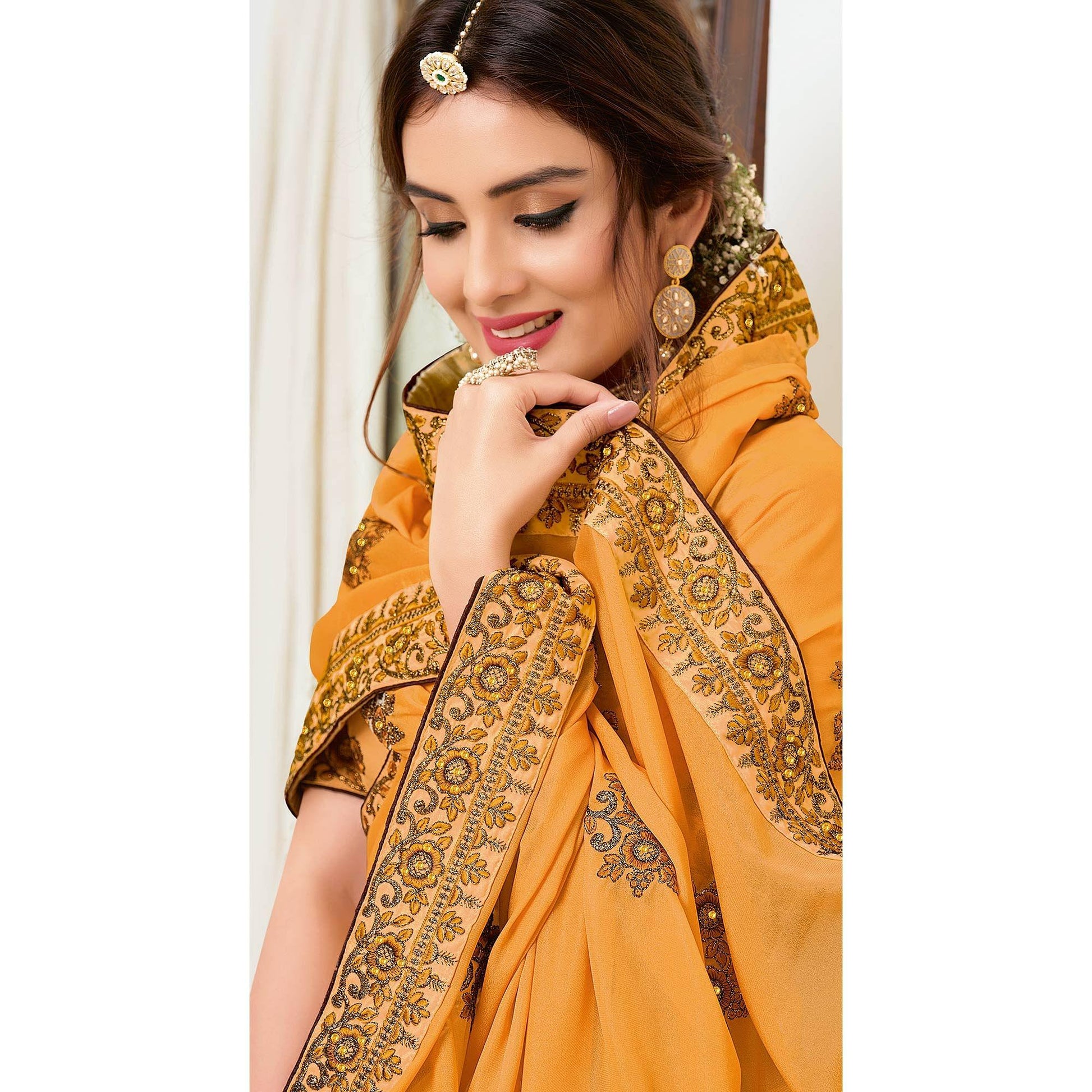 Groovy Mustard Yellow Colored Partywear Embroidered Crepe Georgette Saree