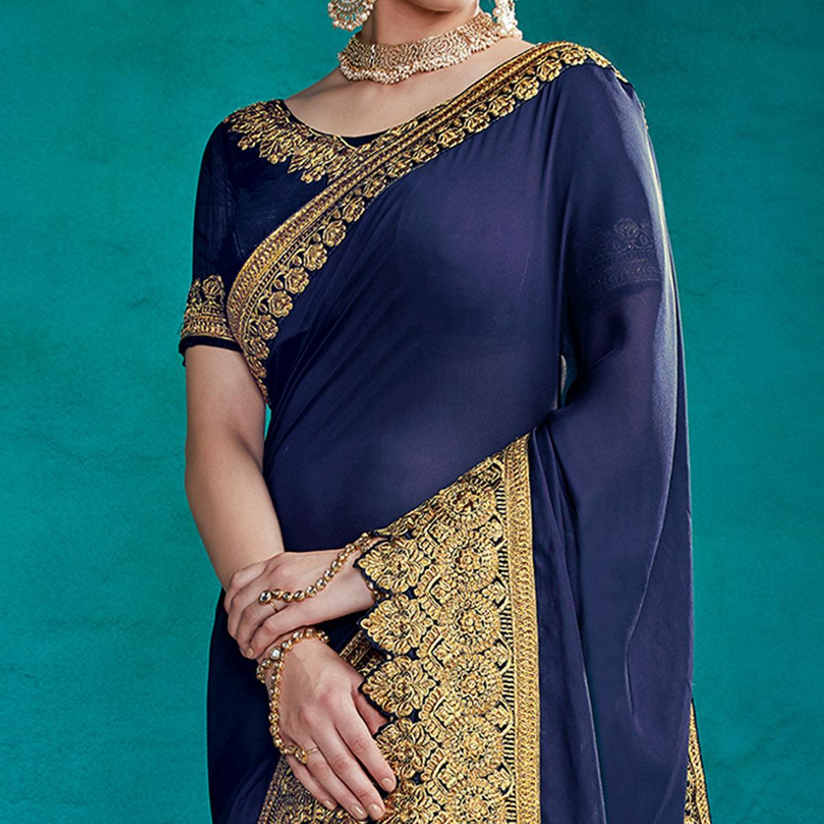 Groovy Navy Blue Colored Partywear Embroidered Rangoli Silk Saree