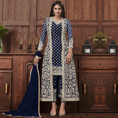 Groovy Navy Blue Coloured Partywear Embroidered Butterfly Net Pakistani Straight Suit
