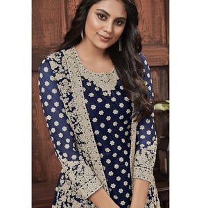 Groovy Navy Blue Coloured Partywear Embroidered Butterfly Net Pakistani Straight Suit