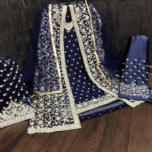 Groovy Navy Blue Coloured Partywear Embroidered Butterfly Net Pakistani Straight Suit