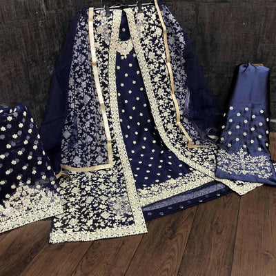 Groovy Navy Blue Coloured Partywear Embroidered Butterfly Net Pakistani Straight Suit