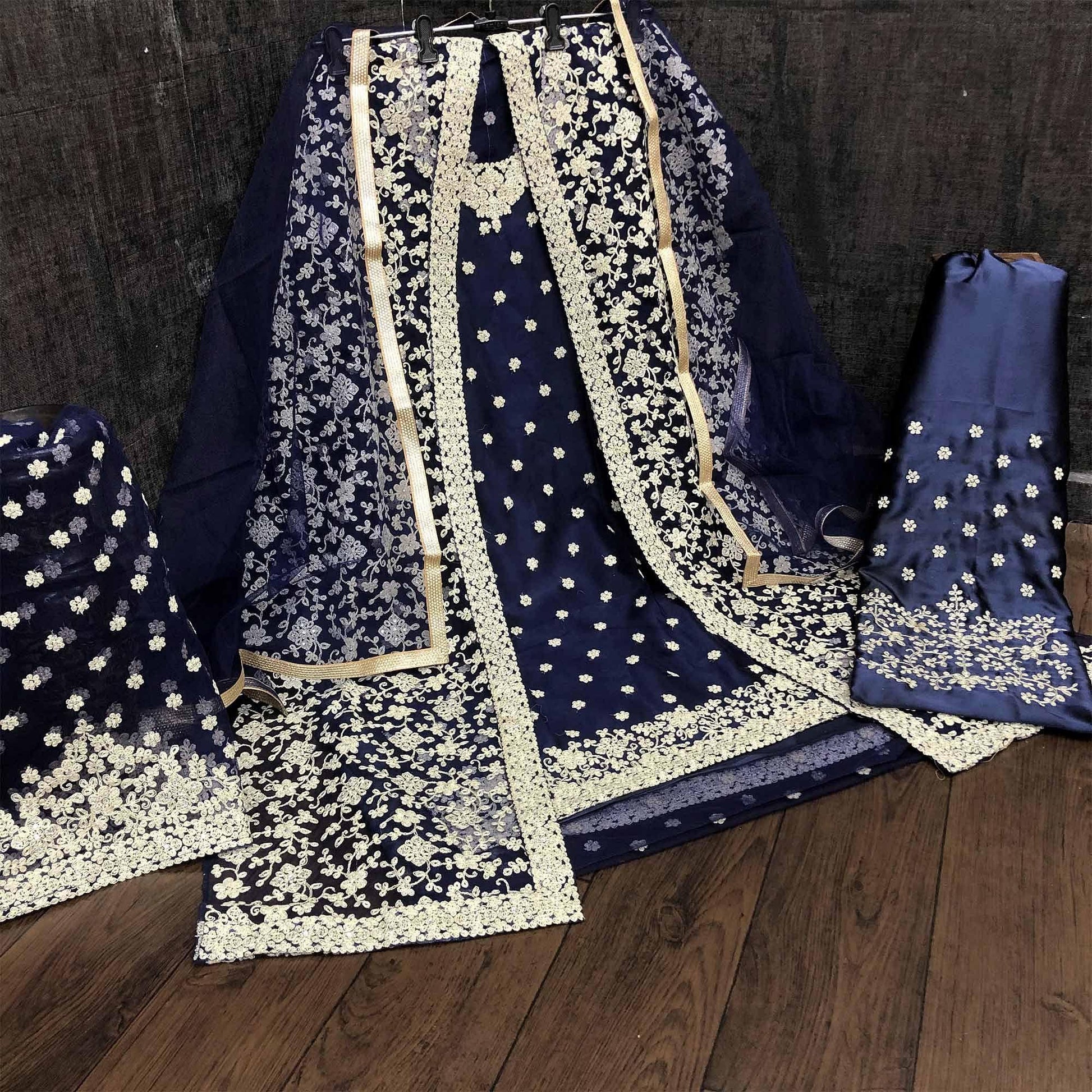 Groovy Navy Blue Coloured Partywear Embroidered Butterfly Net Pakistani Straight Suit