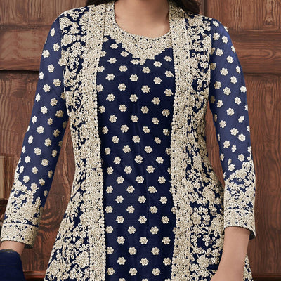 Groovy Navy Blue Coloured Partywear Embroidered Butterfly Net Pakistani Straight Suit