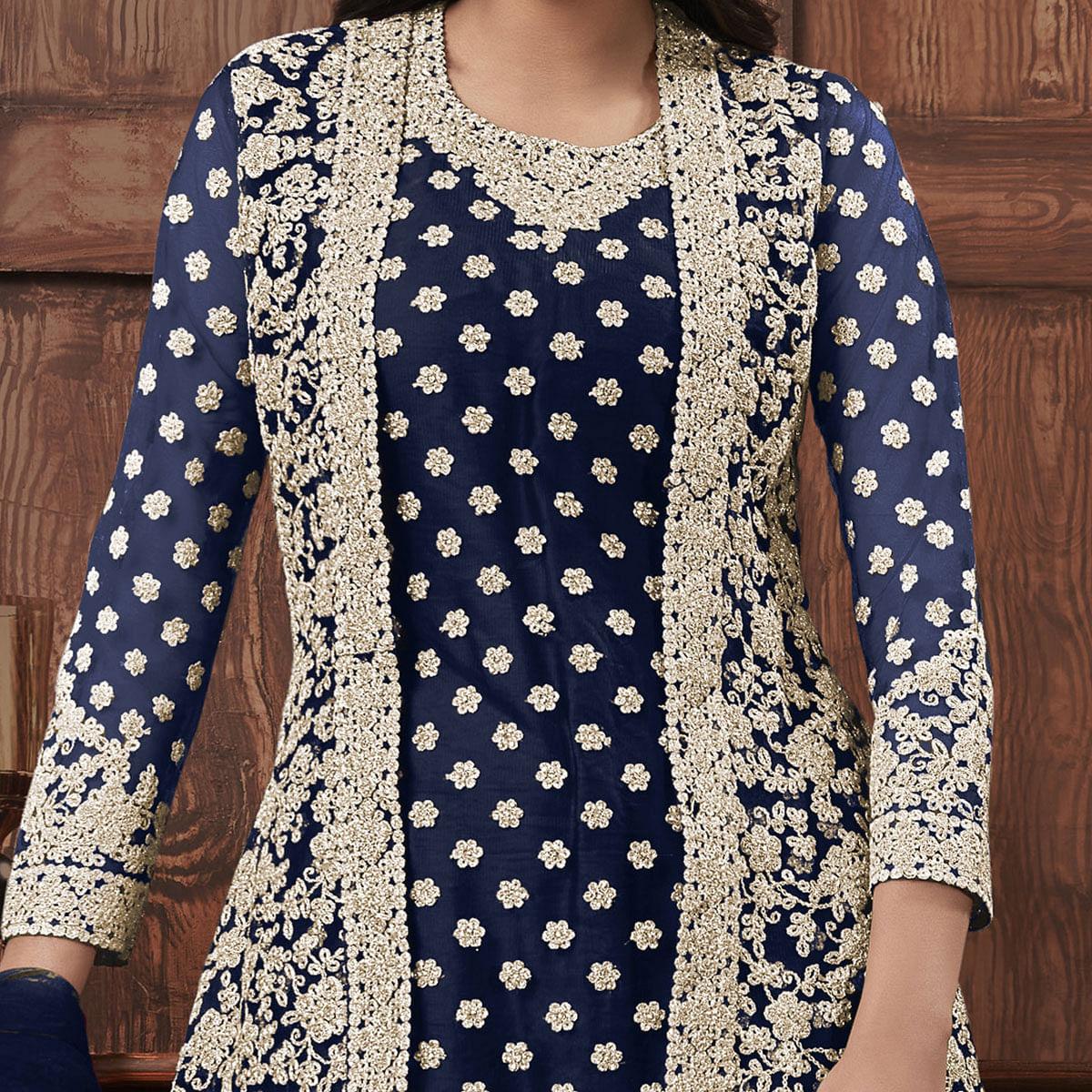 Groovy Navy Blue Coloured Partywear Embroidered Butterfly Net Pakistani Straight Suit