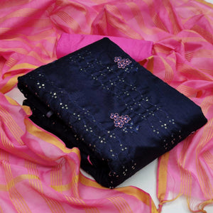 Groovy Navy Blue - Pink Colored Casual Wear Embroidered Chanderi Dress Material