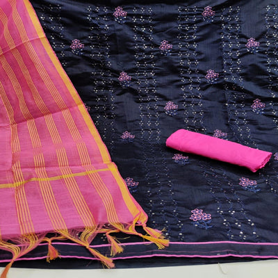 Groovy Navy Blue - Pink Colored Casual Wear Embroidered Chanderi Dress Material
