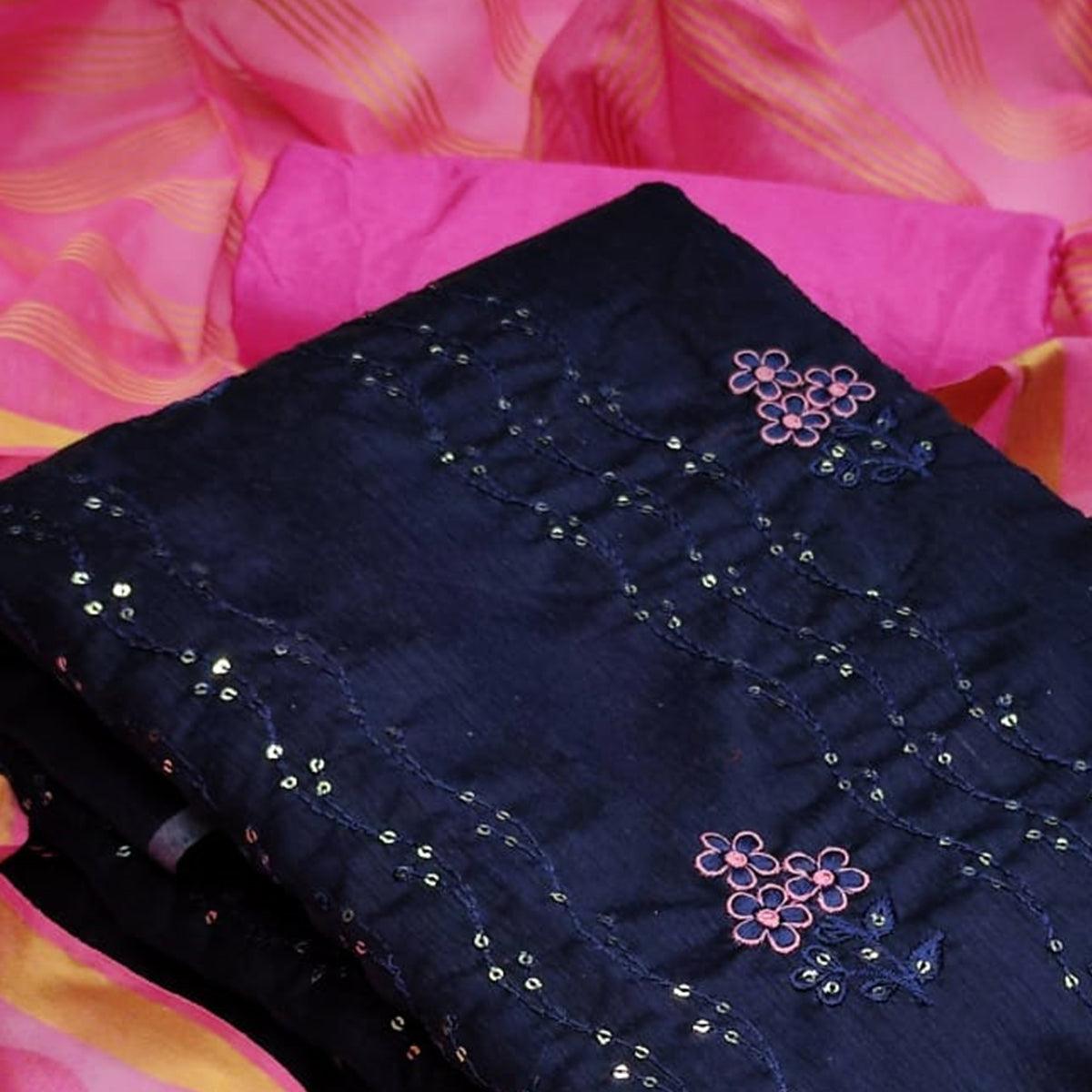 Groovy Navy Blue - Pink Colored Casual Wear Embroidered Chanderi Dress Material