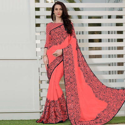 Groovy Peach Colored Partywear Floral Printed Chiffon Saree