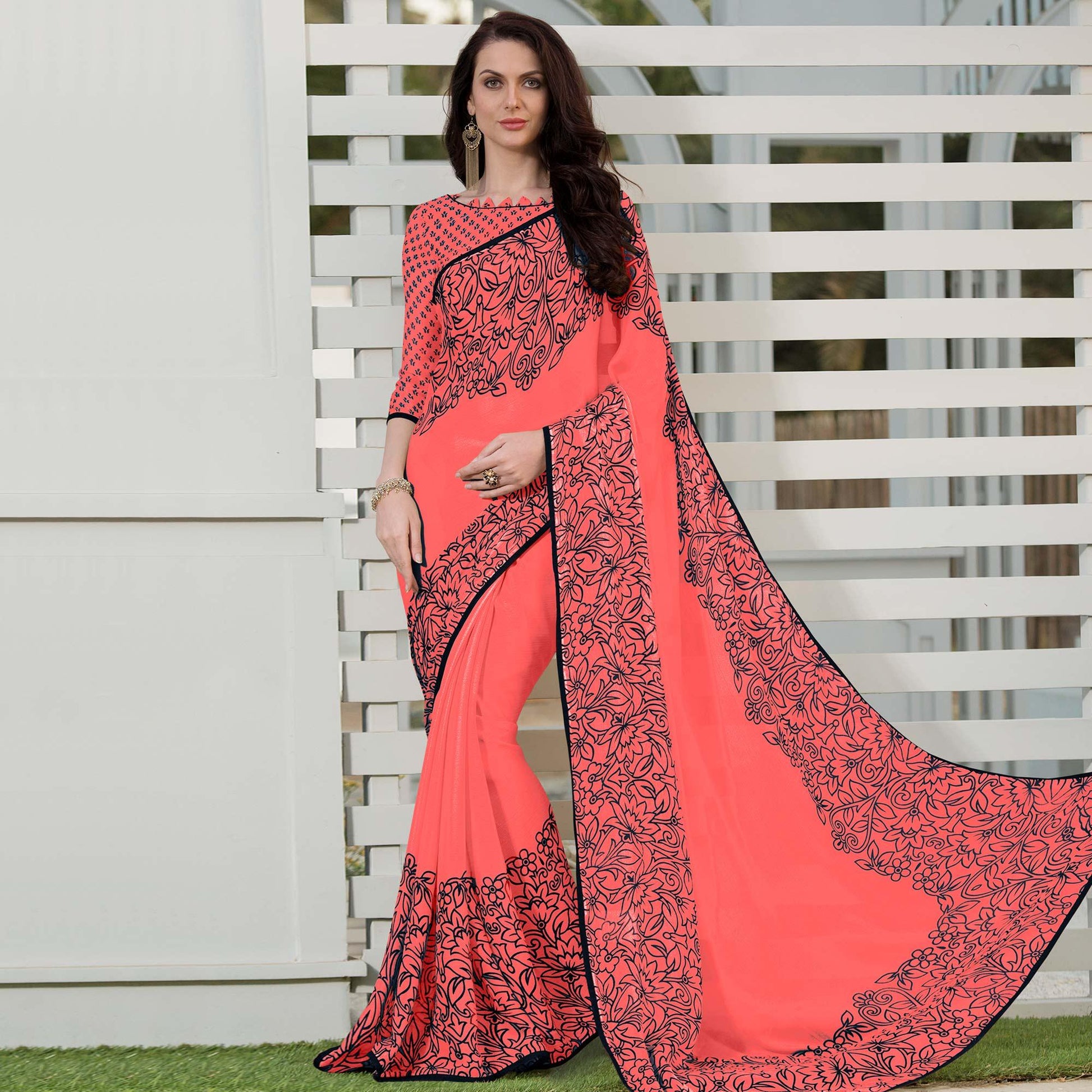 Groovy Peach Colored Partywear Floral Printed Chiffon Saree