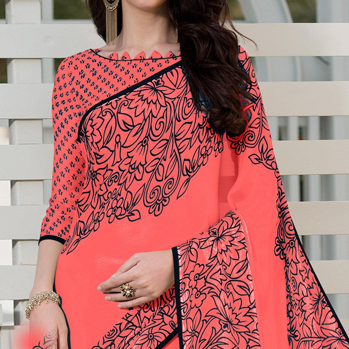 Groovy Peach Colored Partywear Floral Printed Chiffon Saree