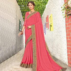 Groovy Peach Coloured Party Wear Embroidered Chiffon Saree