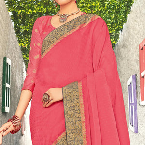 Groovy Peach Coloured Party Wear Embroidered Chiffon Saree