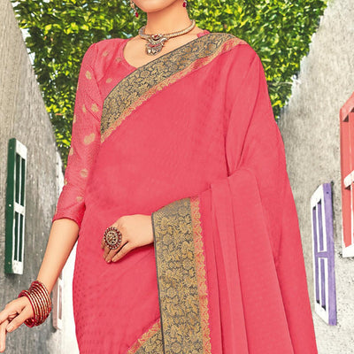 Groovy Peach Coloured Party Wear Embroidered Chiffon Saree