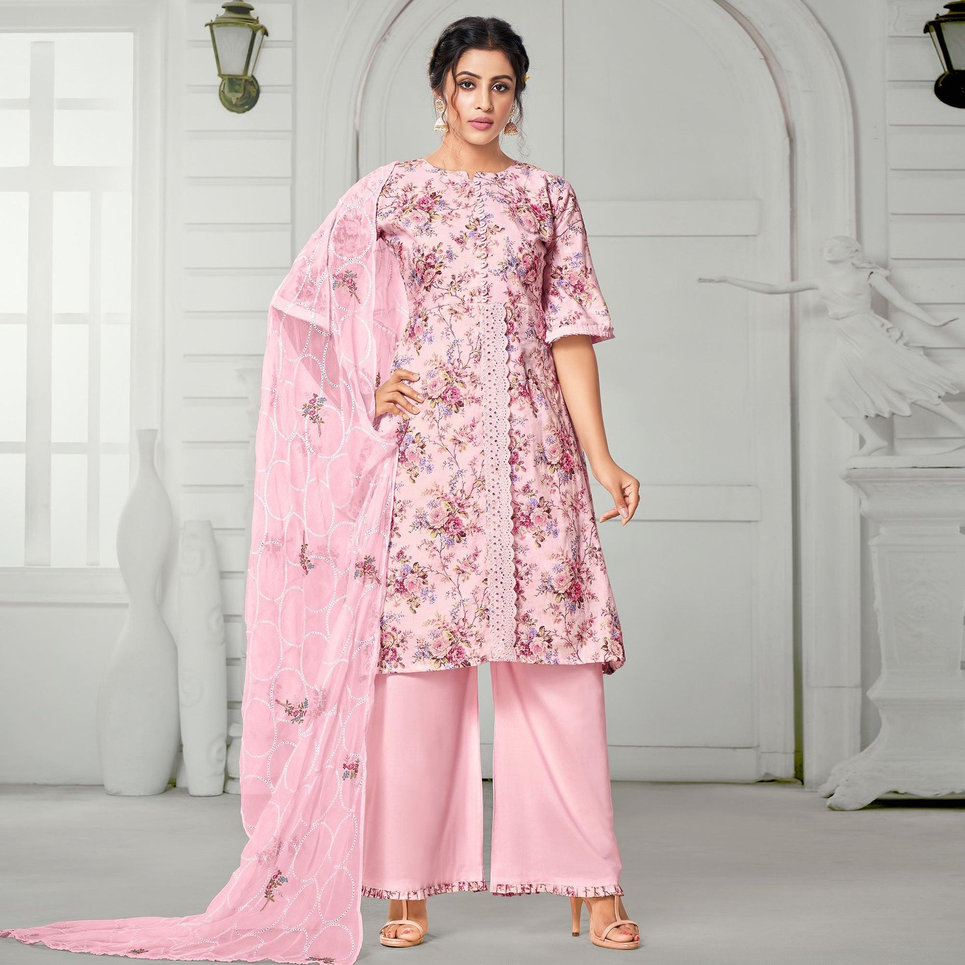 Groovy Pink Colored Casual Wear Digital Printed Cotton Dress Material