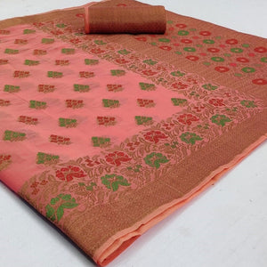 Groovy Pink Colored Festive Wear Woven Cotton Saree