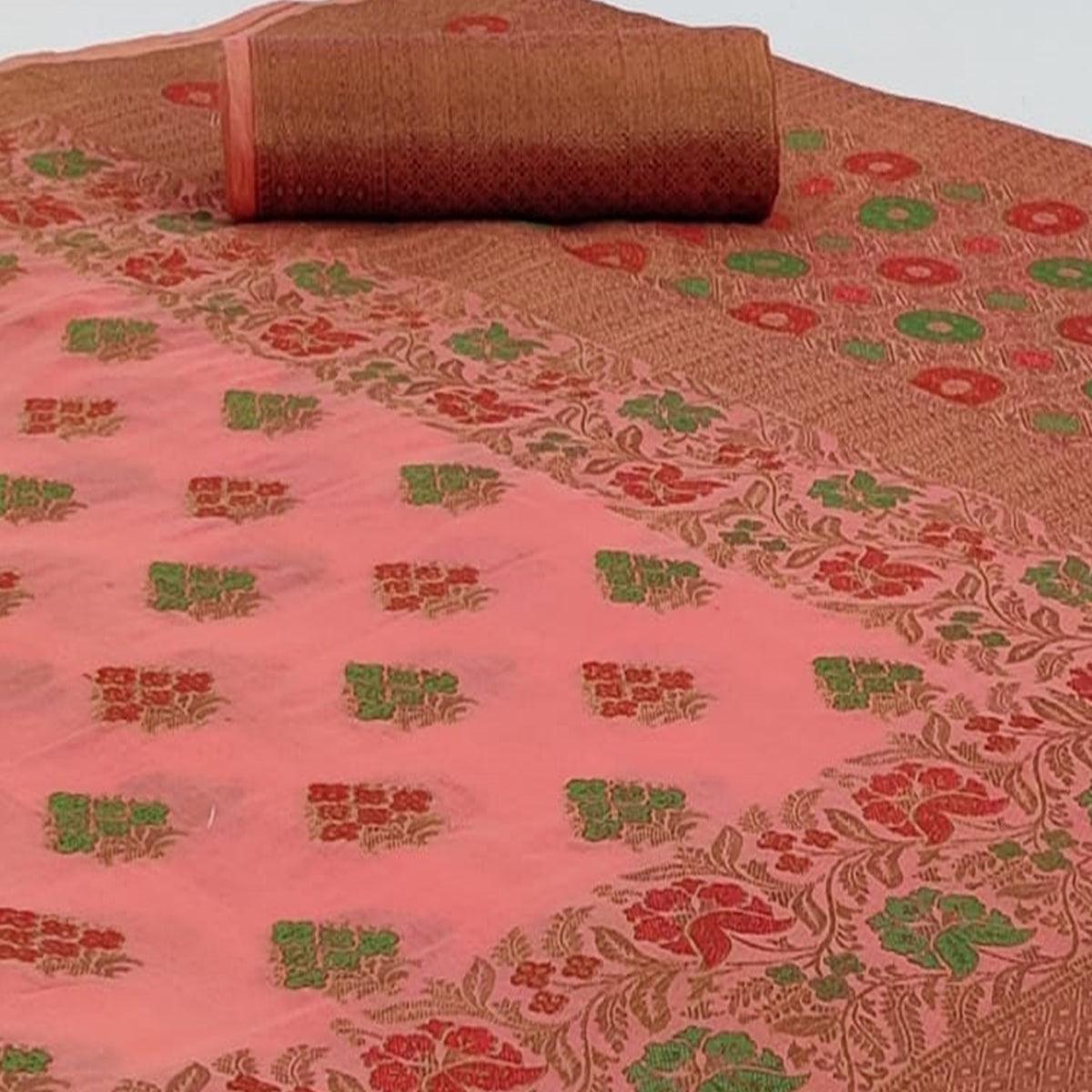 Groovy Pink Colored Festive Wear Woven Cotton Saree