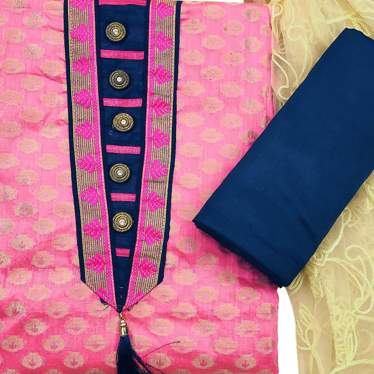Groovy Pink Colored Festive Wear Woven Heavy Banarasi Silk Dress Material