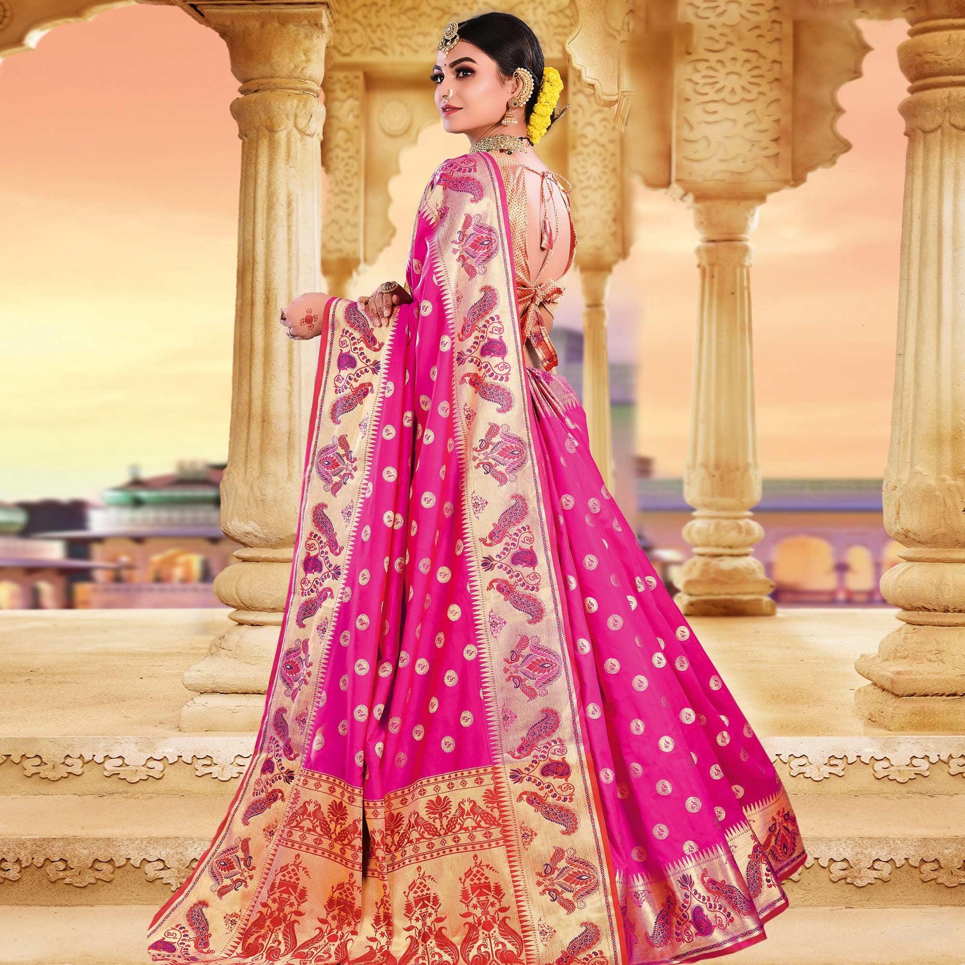 Groovy Pink Colored Festive Wear Woven Silk Saree