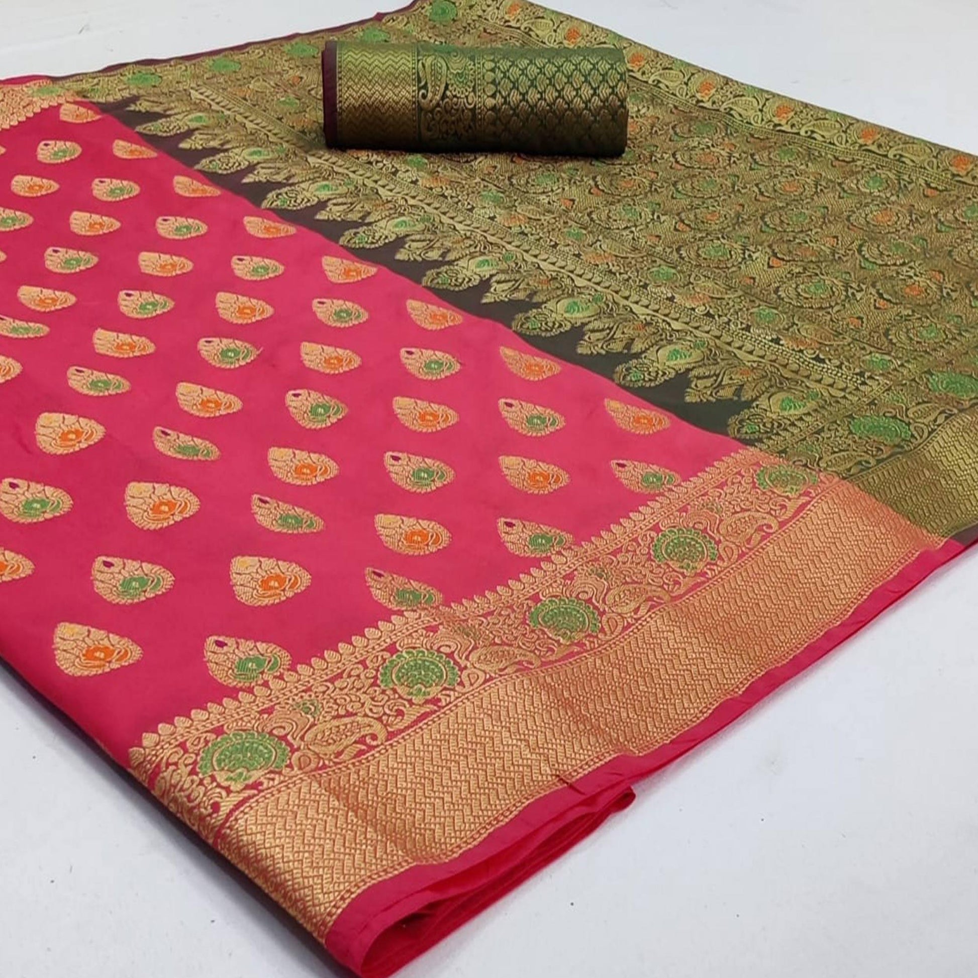 Groovy Pink Colored Festive Wear Woven Silk Saree