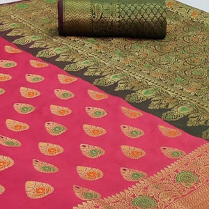 Groovy Pink Colored Festive Wear Woven Silk Saree