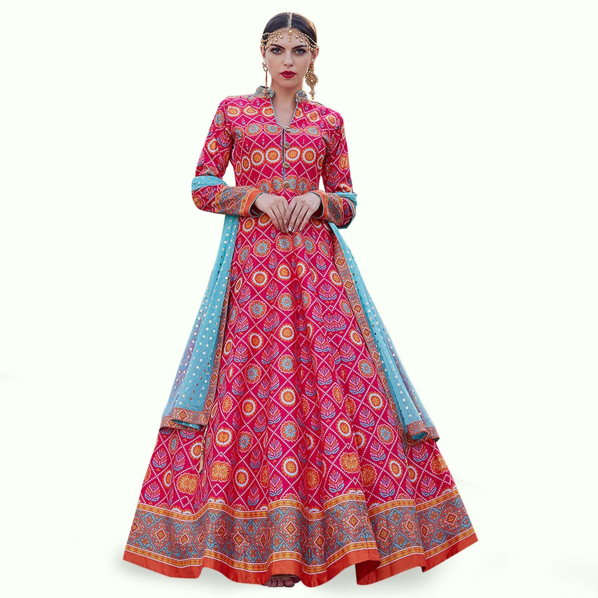 Groovy Pink Colored Partywear Digital Printed Silk Gown