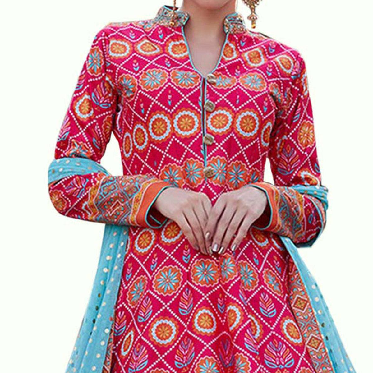 Groovy Pink Colored Partywear Digital Printed Silk Gown