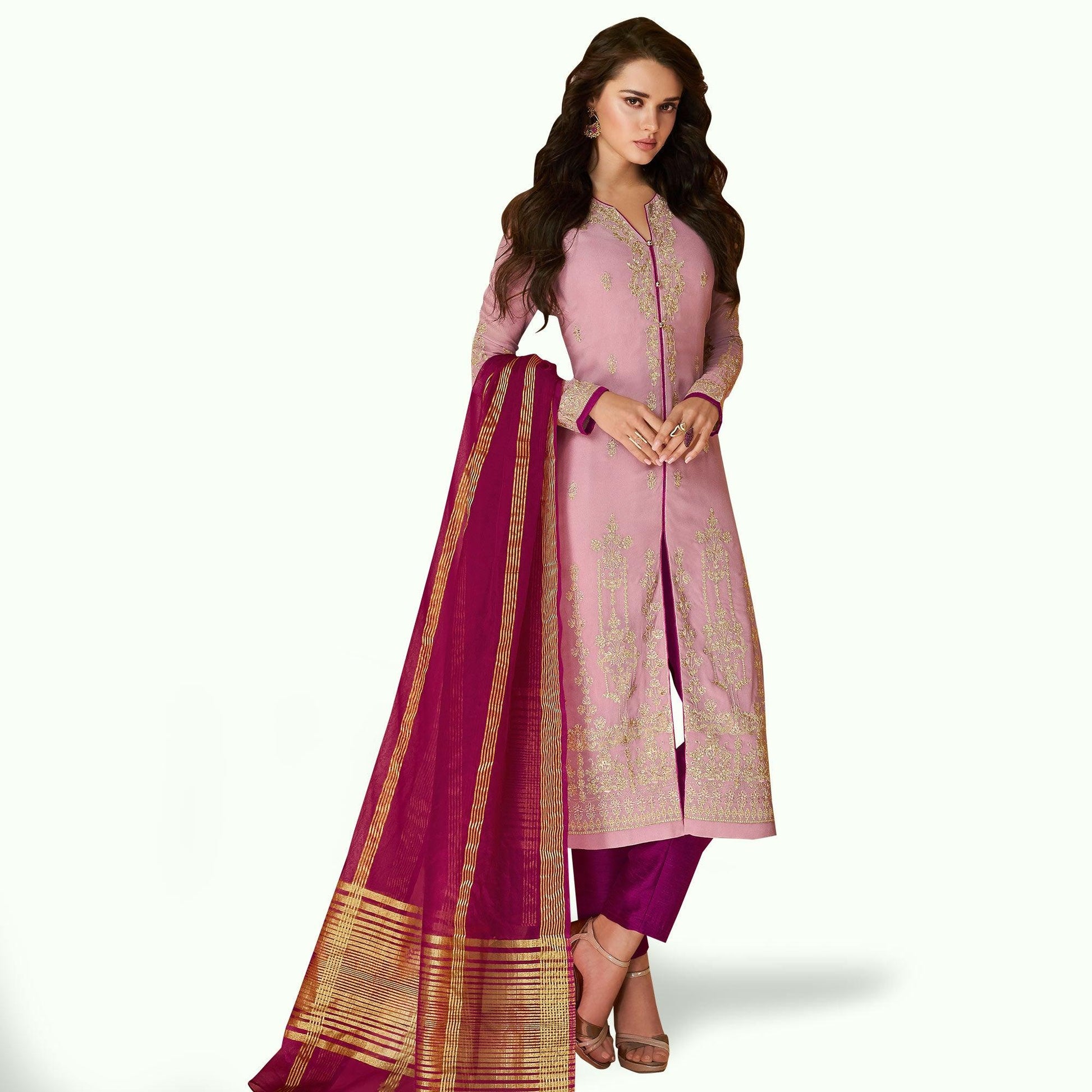 Groovy Pink Colored Partywear Embroidered Georgette Suit