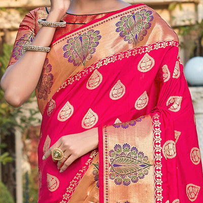 Groovy Pink Coloured Partywear Woven Silk Saree