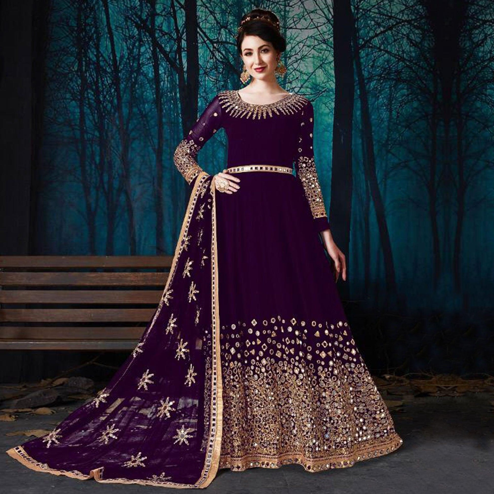 Groovy Purple Colored Partywear Embroidered Georgette Anarkali Suit