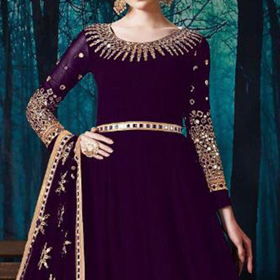 Groovy Purple Colored Partywear Embroidered Georgette Anarkali Suit