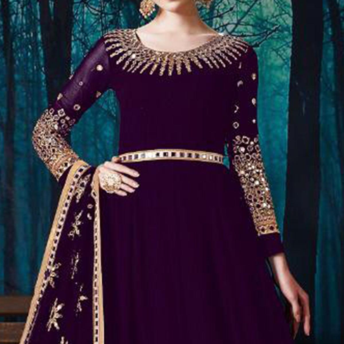 Groovy Purple Colored Partywear Embroidered Georgette Anarkali Suit