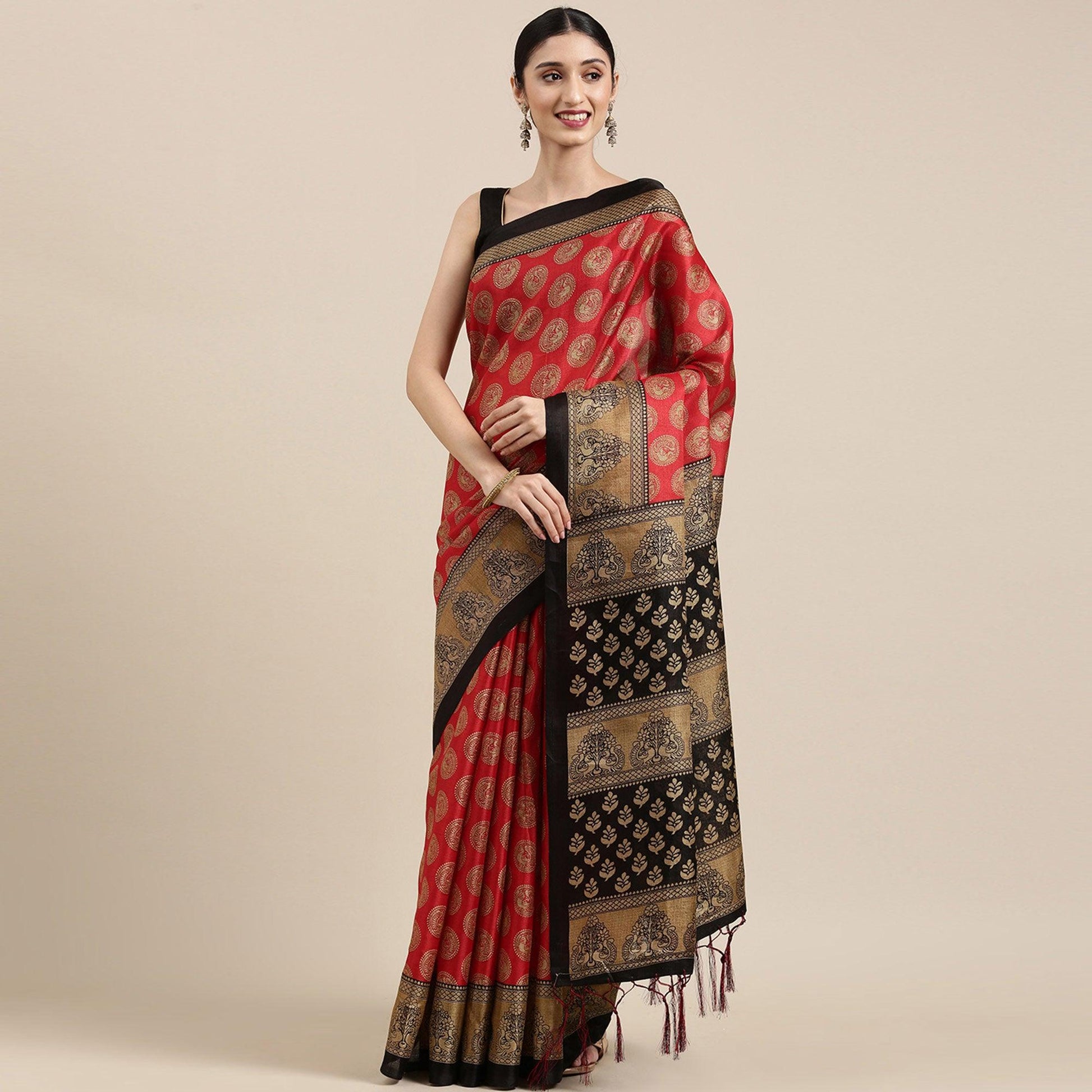 Groovy Red Colored Festive Wear Printed Art Silk Saree With Tassels