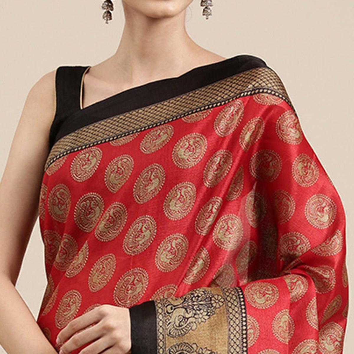 Groovy Red Colored Festive Wear Printed Art Silk Saree With Tassels