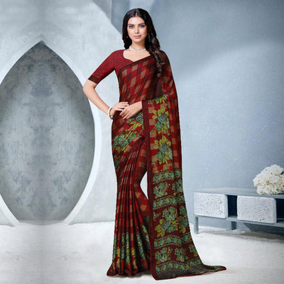 Groovy Red Colored Partywear Checkered Printed Chiffon Saree