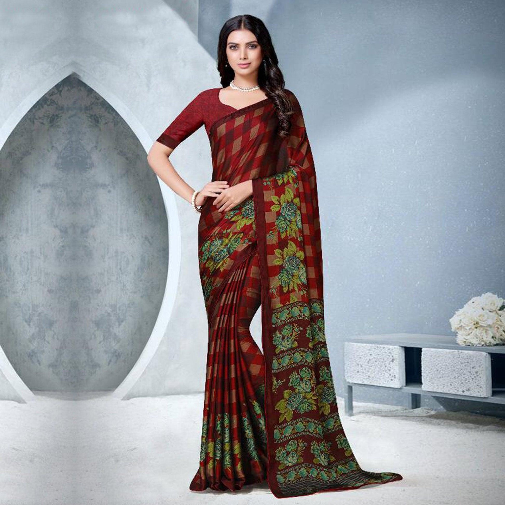 Groovy Red Colored Partywear Checkered Printed Chiffon Saree