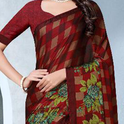 Groovy Red Colored Partywear Checkered Printed Chiffon Saree