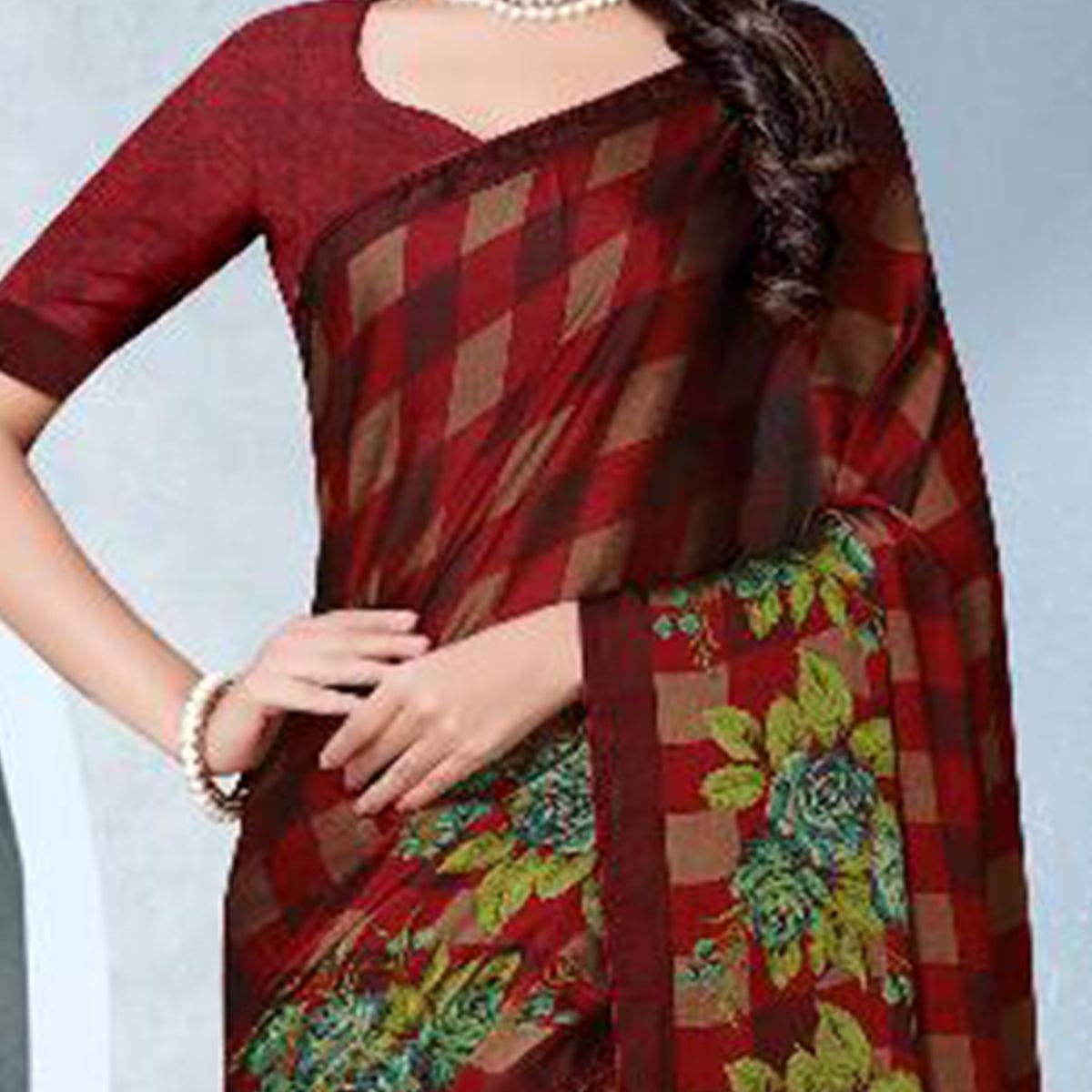Groovy Red Colored Partywear Checkered Printed Chiffon Saree