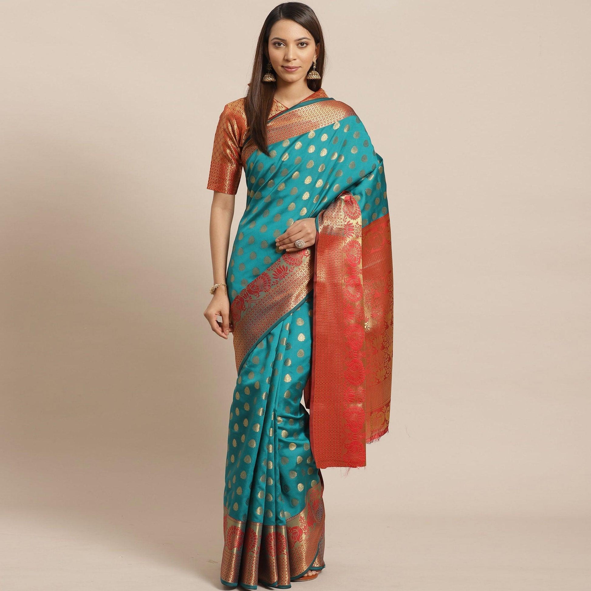 Groovy Teal Green - Red Colored Festive Wear Woven Silk Blend Saree
