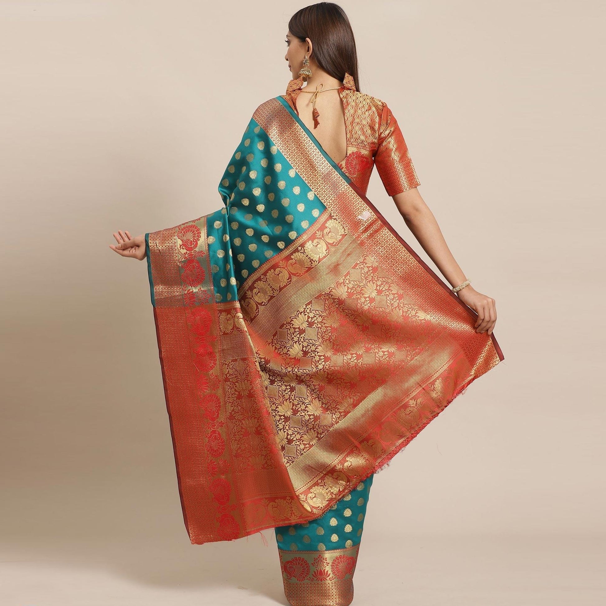 Groovy Teal Green - Red Colored Festive Wear Woven Silk Blend Saree