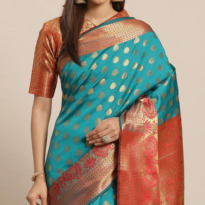 Groovy Teal Green - Red Colored Festive Wear Woven Silk Blend Saree