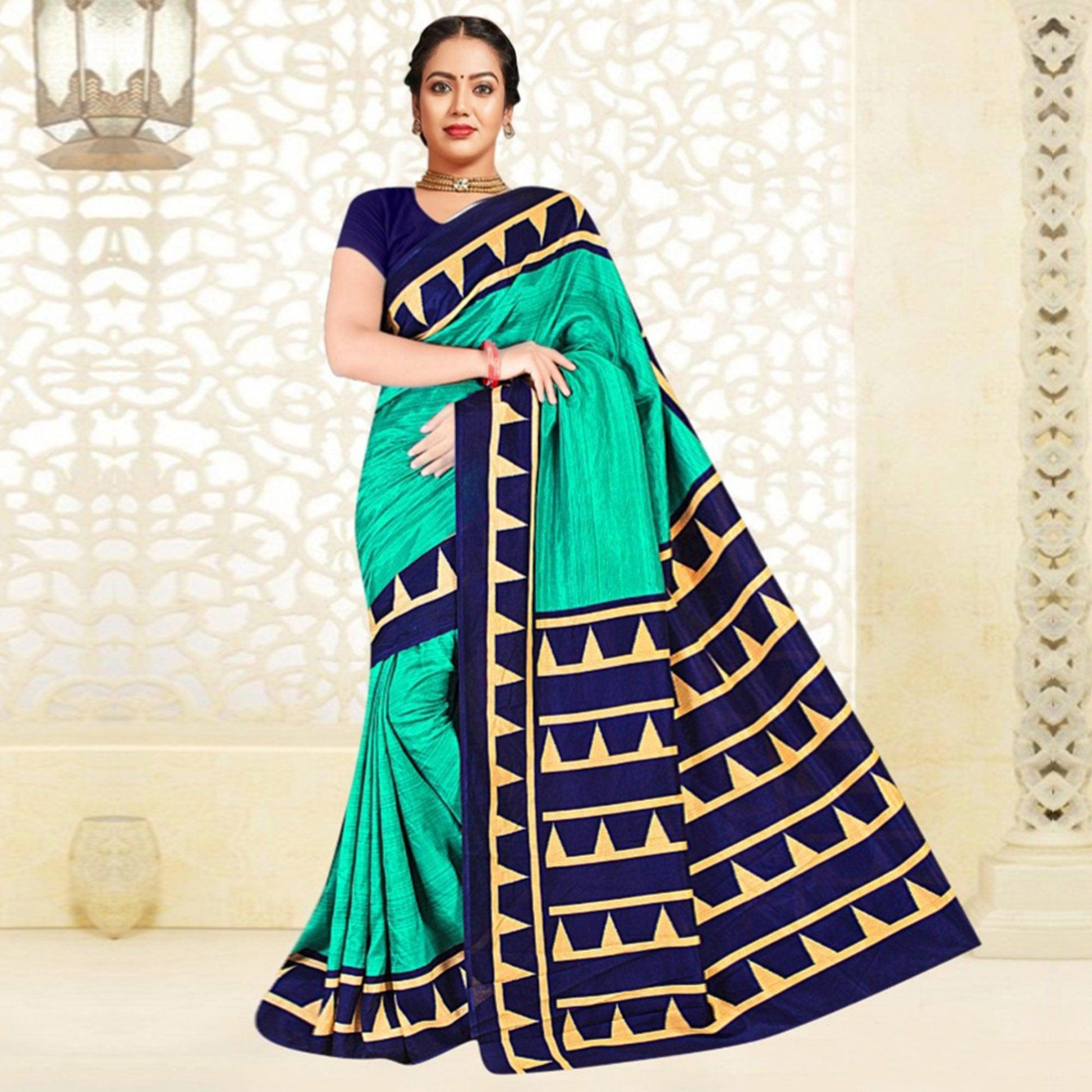 Groovy Turquoise Green Colored Casual Printed Tussar Silk Saree